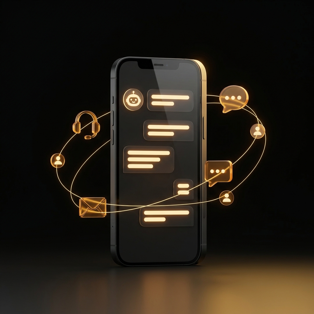 Smartphone showing an AI support chat with amber message bubbles, orbited by headset, envelope, and user icons in golden glass.