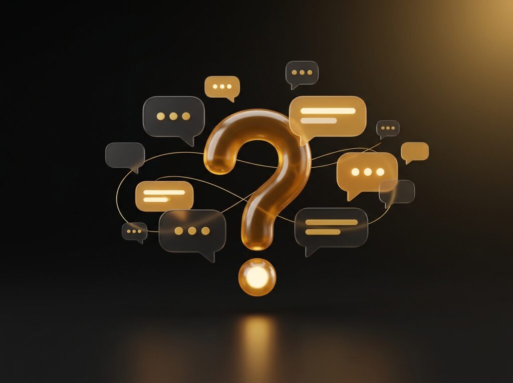 Amber glass question mark surrounded by floating black and gold chat bubbles - answers to common questions.