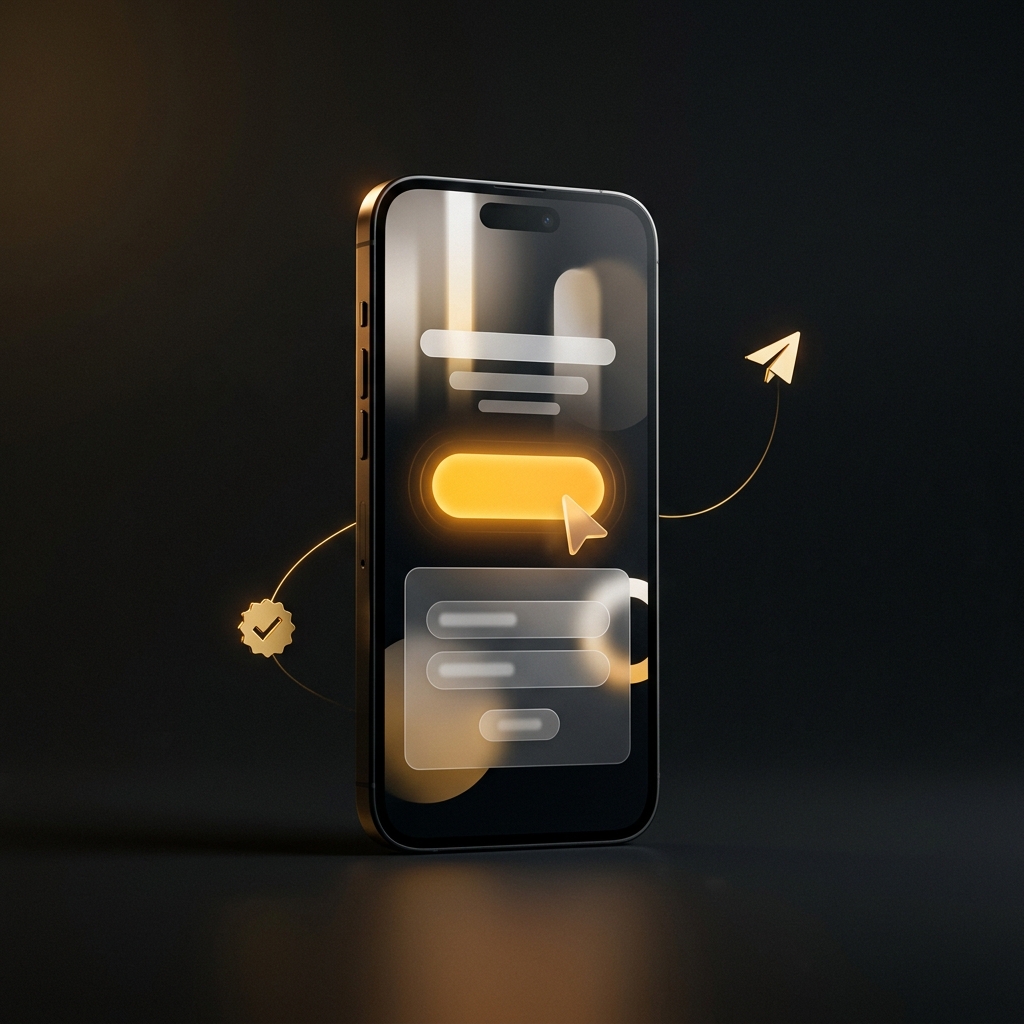 Smartphone landing page with glowing amber call-to-action button, cursor, checkmark badge, and paper plane icons.
