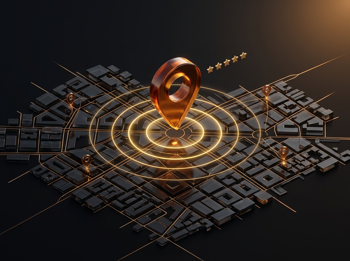 Glowing amber location pin with radar rings and five stars above a dark 3D city map - local SEO visibility.