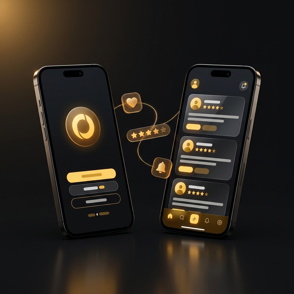 Two smartphones showcasing a dark mobile app with amber logo badge, glass feed cards, star ratings, and glowing navigation icons.