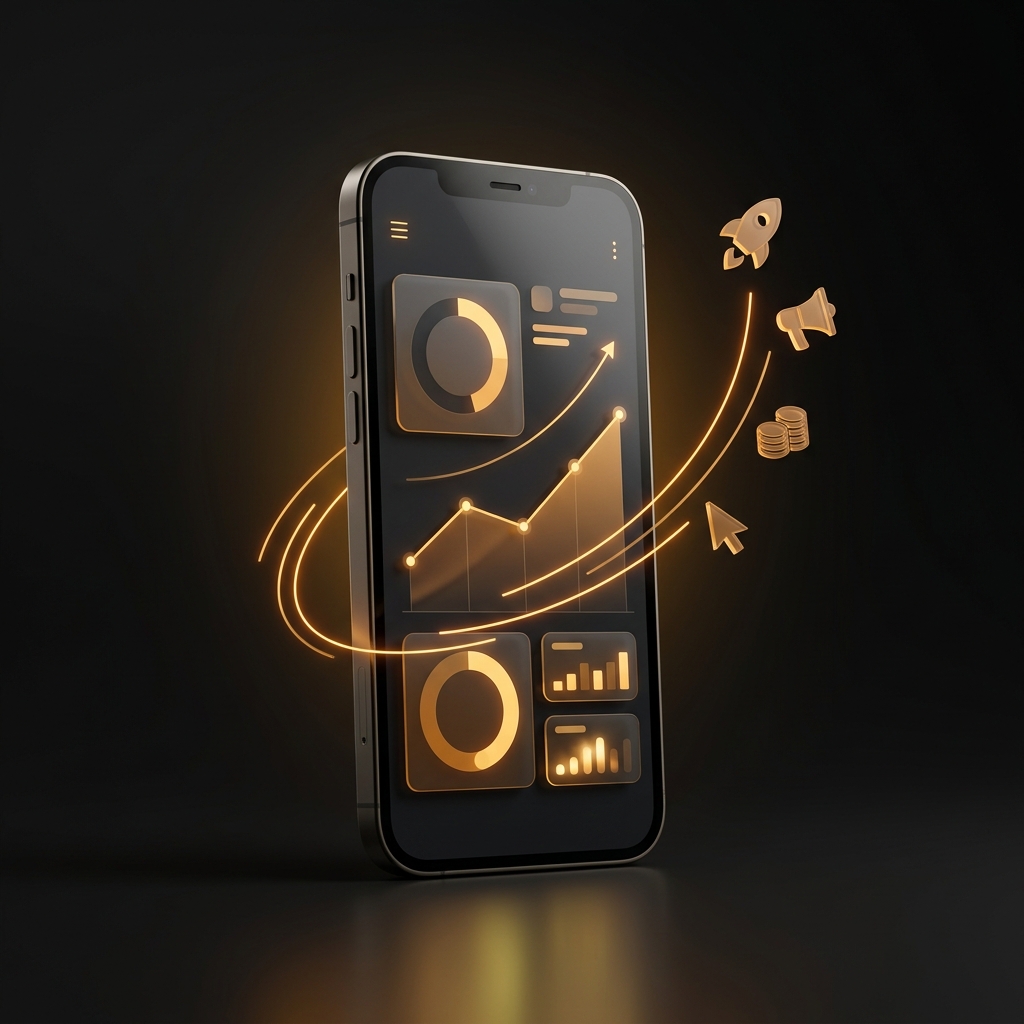 Smartphone with amber ad campaign dashboard and rising chart, megaphone, coins, and rocket icons sweeping upward.