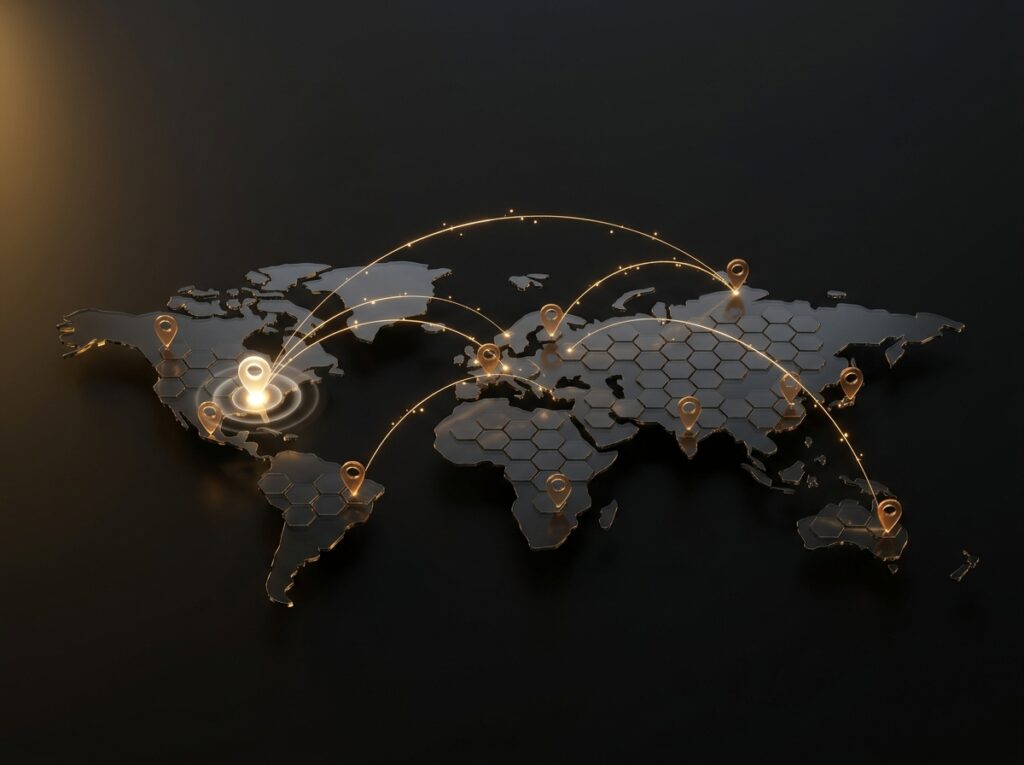 Dark hexagon world map with amber connection arcs and location pins, brightest pin pulsing over the southeastern United States.