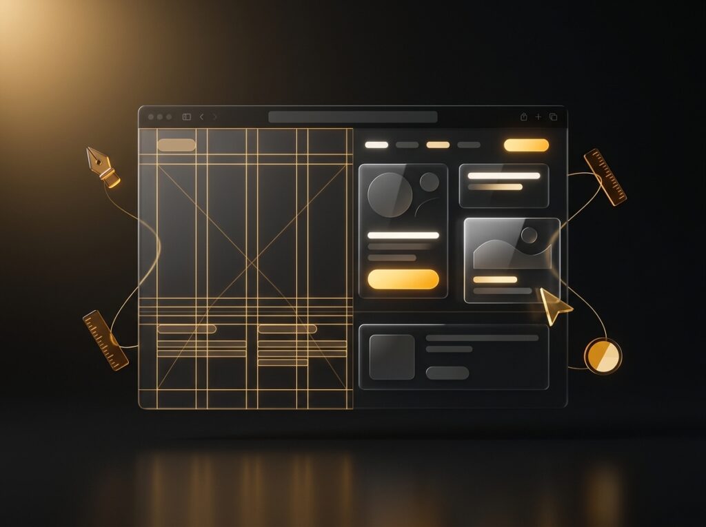 Dark browser window being assembled from amber wireframe grids and glass content cards with floating design tools.