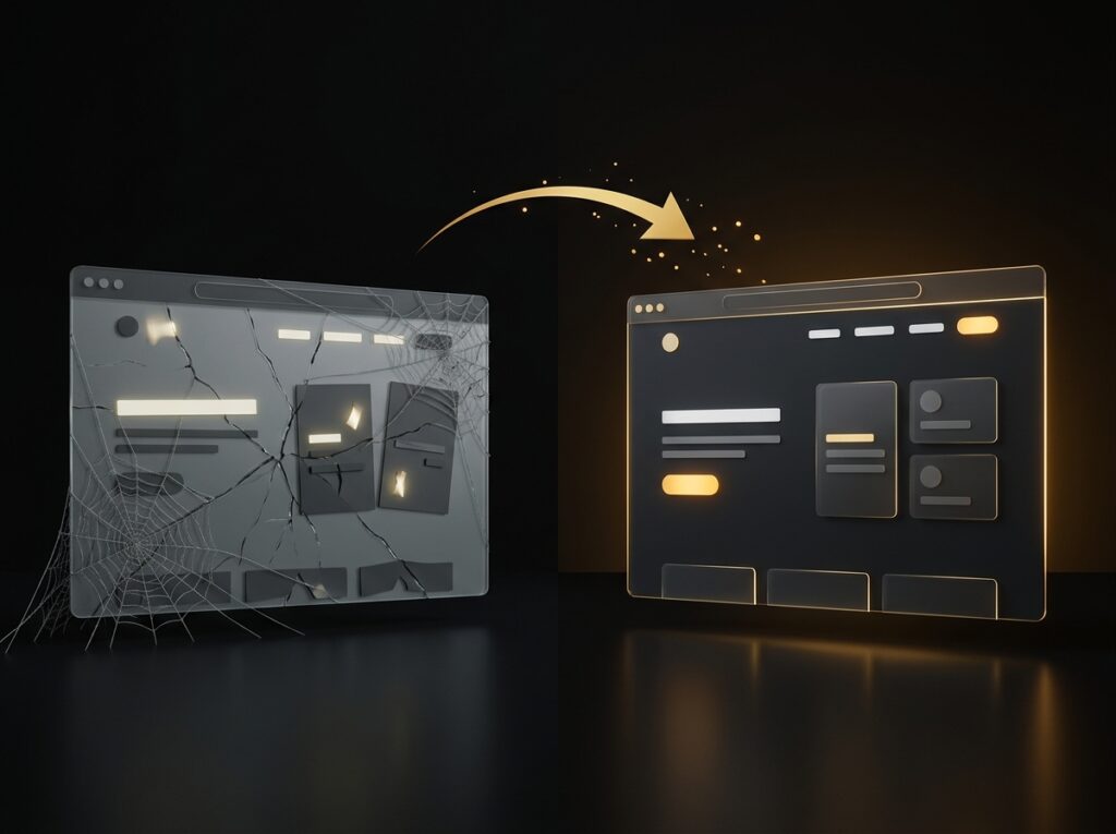 Cracked gray outdated website transforming into a sleek dark site with amber accents along a golden arrow - website redesign.